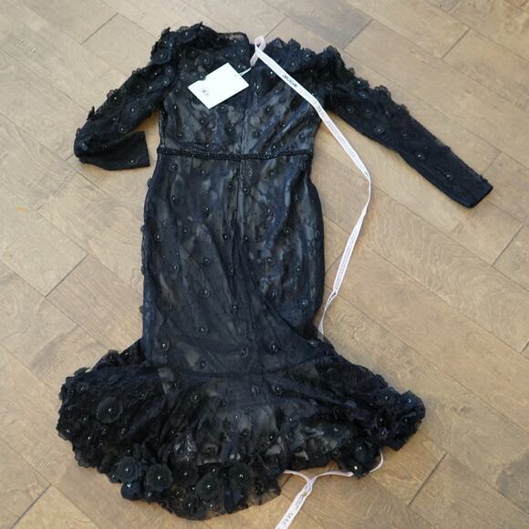 MAC DUGGAL Black 3D Floral Applique Beaded Sheer Lace Long Sleeve Midi Dress 8 - Picture 5 of 9